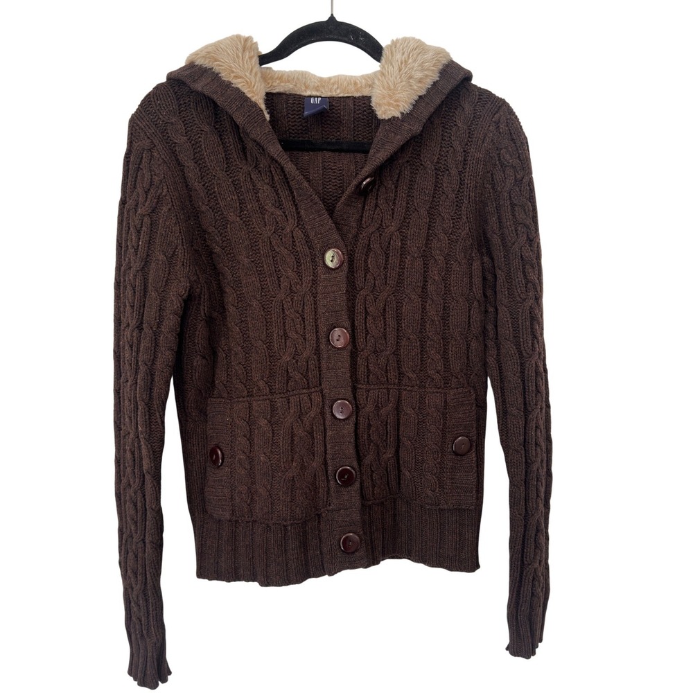 Vintage Y2K Gap Brown Cable Knit Cardigan Faux Fur Hood Cozy Grunge Small 2000s